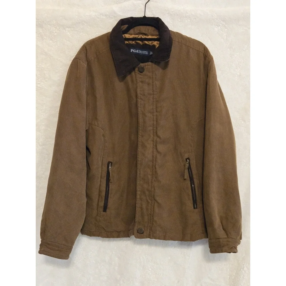 PGA Tour Jacket Mens Medium Brown Zip Up Logo Golfing‎ Outdoors
